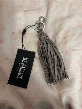 MZ Wallace Gray Leather Tassel Keychain with Silver Hardware